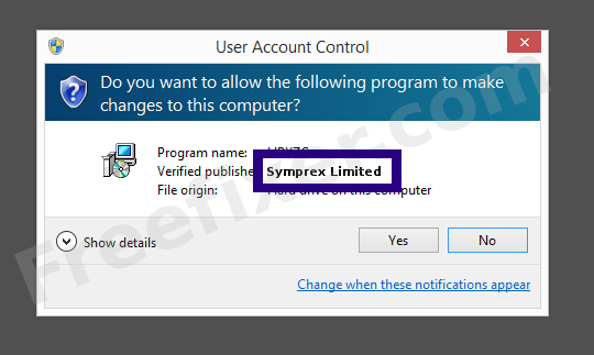 Screenshot where Symprex Limited appears as the verified publisher in the UAC dialog